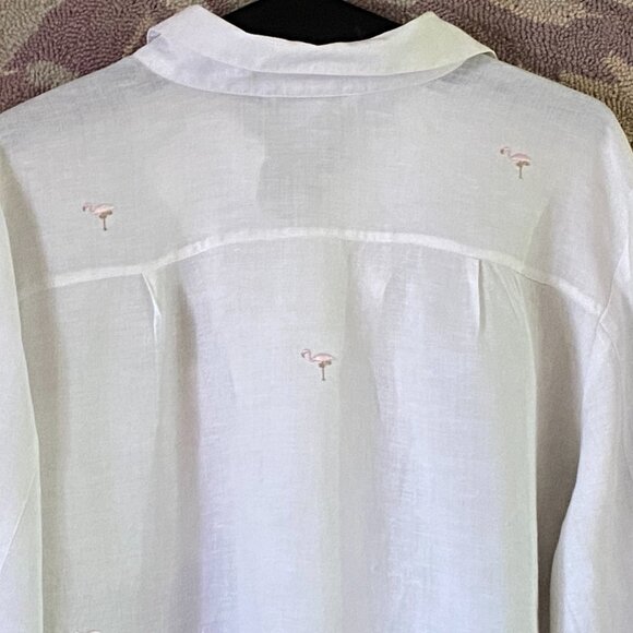 Edward Irish Linen Sz 2X White Blouse Shirt 3/4 Sleeve Embroidered Flamingo - Picture 6 of 11